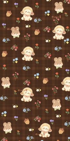 a brown plaid background with teddy bears and flowers