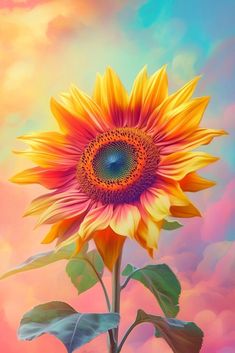 a painting of a sunflower in front of a colorful sky