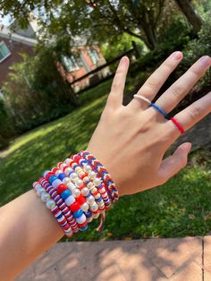 4th of july bracelets/rings! perfect for anyone looking for cute 4th of july jewelry! message me with any questions! i'm always open to custom orders!  follow on tiktok and instagram! instagram-bonzi.fonzibracelets tiktok-.bonzifonzibracelets Blue Adjustable Bracelets For 4th Of July, White Beaded Bracelets For 4th Of July Gift, Adjustable Red Beaded Bracelets For 4th Of July, 4th Of July White Beaded Bracelets Gift, Patriotic Red Friendship Bracelet As Gift, Handmade White Patriotic Bracelet, White Handmade Patriotic Bracelet, Patriotic White Jewelry For 4th Of July, Handmade Patriotic White Bracelet