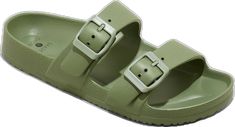 Comfortable Green Sandals For Vacation, Comfortable Green Summer Sandals, Comfortable Casual Beach Sandals, Comfortable Green Sandals For Summer, Casual Beach Slides, Trendy Lightweight Slides, Green Casual Beach Slides, Casual Lightweight Beach Slides, Casual Slides With Buckle Closure