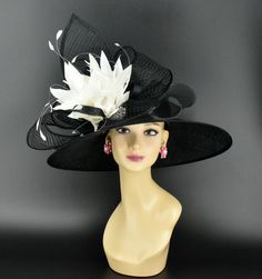 ✿*.Key Features.*✿ This is a wide-brim hat featuring a matching sinamay bow and crin bow, elegantly adorned with a feather flower accent, very beautiful. Great for Kentucky derby, weddings, church, Easter, Royal Ascot, horse races, cocktails, tea party, or any hat wearing occasion. Hat base size: From front to back: 17.75" (45cm) From left to right: 19" (48cm) Wide brim Appr: 5.12~6.5" Head girth: 22.5" (57cm) , adjustable string inside to make smaller to fit your head. If you want other colors in this style, just search the same item code in my store, you will find them. ✿*.Tip.*✿ ❣️If you want a customized piece, please follow the instructions below: 🔹Present style of hat or fascinator you would like from the store, with additional photos of your outfit and any other details you'd like Black High Crown Costume Hat For Wedding, Black High Crown Costume Hats And Headpieces For Wedding, Black Short Brim Hat For Wedding, Black Curved Brim Costume Hat For Weddings, Black Curved Brim Top Hat For Wedding, Black Wedding Hat For Kentucky Derby, Black Wide Brim Fascinator For Wedding, Black Brimmed Hats For Weddings, Black Brimmed Top Hat For Wedding