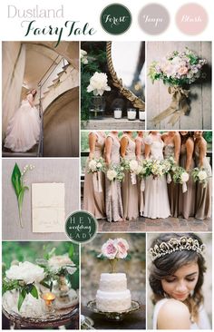 a collage of photos with flowers and bridesmaid's dresses in different colors