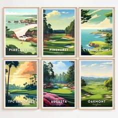 four different types of golf posters on a white wall with trees and water in the background