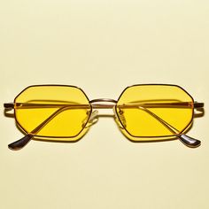 A pair of new vintage style retro mod beatnik translucent hexagon sunglasses that feature a gold rim design. Retro Yellow Sunglasses With Gradient Lenses, Retro Metal Sunglasses With Tinted Lenses, Retro Gold Metal Sunglasses, Translucent Sunglasses, Retro Tinted Metal Sunglasses, Retro Yellow Plastic Sunglasses, Hexagon Sunglasses, San Gabriel, 1960s Vintage