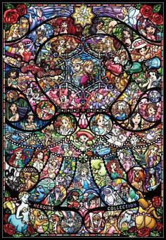 an image of a stained glass window with many different characters in the center and bottom