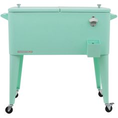 an aqua colored cooler with wheels on it