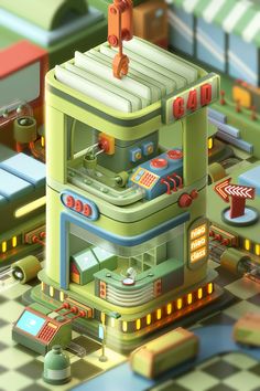 an animated image of a green building with lots of different things on the floor and around it