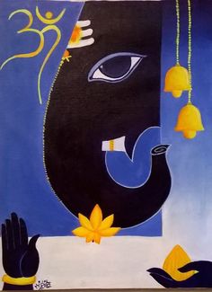 an artistic painting depicting the face of lord ganesha with bells hanging from it