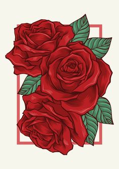 red roses with green leaves in a square frame on a white background, hand drawn illustration