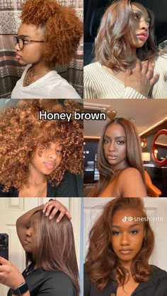 Brown 4c Hair Black Women, Summer Hair Colors Black Women, Honey Brown On Black Women, Honey Brown Natural Hair Black Women, Natural Hair Honey Brown, Pretty Hair Colors For Black Women, Different Color Brown Hair, Honey Brown Afro, Dark Skin Dyed Hair