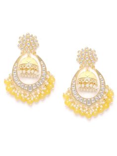 These beautiful yellow dome shaped jhumka earrings come with kundan stone studs & beads, are gold-plated and are secured with a post and back closure. These handcrafted jhumkas can be paired with any traditional outfit to add a punch of colorful boost, and help you stand out. Product color may vary based on the monitor or screen you are using.See FAQ for more details. Size Length: 9.5 cm Details Material: BrassStones: Kundan & Artificial BeadsPlating: Gold-plated Festive Kundan Beaded Earrings With Latkans, Festive Kundan Chandbali Beaded Earrings, Festive Kundan Beaded Chandbali Earrings, Gold Jhumkas With Latkans, Festive Bollywood Kundan Beaded Earrings, Traditional Kundan Beaded Earrings For Festive Occasions, Gold Chandbalis With Cutdana, Festive Chandbali Meenakari Beaded Earrings, Festive Traditional Kundan Beaded Earrings