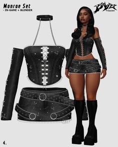 an image of a woman in black outfit with boots and corsets on her chest