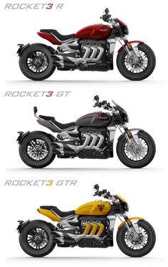 three different types of motorcycles are shown in this graphic style, with the same color scheme