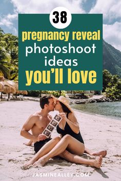 a man and woman kissing on the beach with text overlay that reads 38 pregnant reveal photoshoot ideas you'll love