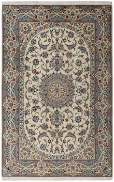 Size: 244x157cm This is a Persian Nain rug. Nain is a town 150km to the east of Isfahan in central Iran. Very fine and precise designs were created due to the high quality of the workshops in the area. Nain rugs have a cotton foundation with very soft wool or wool & silk pule. The workmanship is of the highest class and the knot density is also high (often more than one million knots per square meter). Patterns with a medallion in the middle together with arabesques and floral motifs are com Iranian Rugs, Texture Carpet, Printed Carpet