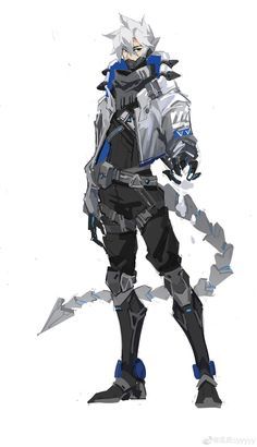 an anime character in armor with blue accents