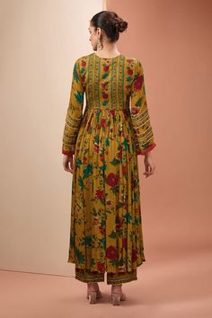 Mustard ghera anarkali with multi colored floral prints and lace embellishments . Comes with coordinating printed pant and dupatta. - Aza Fashions Floral Print Anarkali, Lace Embellishments, Fashion App, Pant Set, Set For Women, Yellow Floral, Anarkali, Aza Fashion, Multi Colored