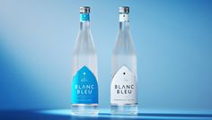 two bottles of white wine on a blue and light blue background, with the label blanc bleu