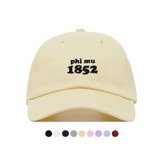 This phi mu baseball hat is made for you. Customize your dad cap by choosing from a variety of colors. It's fully adjustable and easy to style!                     We are an official greek licensed vendor.H O W T O O R D E R---------------------------• Use the first drop-down menu to select your hat color• Use the second drop-down menu to select your thread colorNOTE: This is referring to the embroidered design on the hat, not the stitching of the hat itself.***If you have a request for a design Adjustable Baseball Cap For College, Adjustable Dad Hat For College, Adjustable Curved Brim Dad Hat For College, College Baseball Cap With Letter Print And Curved Brim, College Baseball Cap With Curved Brim And Letter Print, Adjustable Letter Print Baseball Cap For College, College Dad Hat With Letter Print, Adjustable Hats With Letter Print For Graduation, Little Gifts Sorority