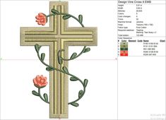 an image of a cross with flowers on the front and side, as well as other details