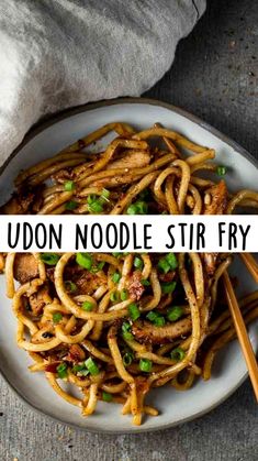 noodles with meat and green onions on a white plate next to chopsticks in the bowl