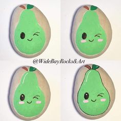 four green painted rocks with faces and eyes on them, each one has a pear