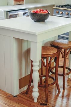 a bowl of fruit is sitting on the kitchen island