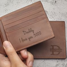 "► PERSONALIZATION This wallet can be personalized with initials on the front and message on the inside, making a perfect gift for your loved man. Multiple styles for the front engraving are available. Character limits: up to 20 words on the inside ► PRODUCT DETAILS * Materials: Genuine cowhide leather * Dimensions: 4 3/8\" x 3 1/2\" x 5/8\" (11x9x1.5 cm) * Features: - 1 money slot - 5 card slots - 2 hidden slots ► HOW TO ORDER * Select the engraving option * Select the front style * In the \"Ad Bifold Wallet With Engraved Logo As Gift, Customizable Brown Wallets For Personalized Gift, Leather Wallets With Engraved Logo Gift, Father's Day Bifold Wallet With Card Slots, Bifold Wallets For Father's Day, Father's Day Gift Wallets With Coin Pocket, Father's Day Wallets With Coin Pocket, Father's Day Gift Wallet With Coin Pocket, Personalized Bifold Wallet For Daily Use