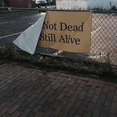 a sign on a fence that says not dead still alive