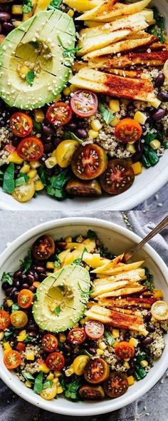 two white bowls filled with vegetables and rice on top of a table next to an avocado