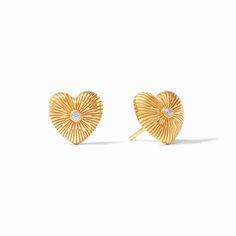 Textured golden heart featuring a glittering center. Gold Earing, Gold Heart Stud Earrings, Gold Heart Studs, Julie Vos, Fine Gold Jewelry, Golden Heart, Jewelry Post, Heart Stud Earrings, Jewelry Lookbook