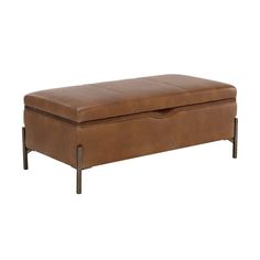 a brown leather bench sitting on top of a white floor