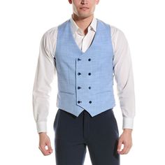 About The Brand: Quirky, Chic Menswear That Is As Unique As You Are. Marylebone Slim Fit Vest In Light Blue Shark With Two Front Pockets And Adjustable Back Straps Approximately 25in From Shoulder To Hem Model Is 6'2.5 And Is Wearing A Size Medium. Measurements May Vary Slightly By Size. Button Front Shell: 80% Polyester, 18% Rayon, 2% Spandex Lining: 100% Polyester Dry Clean Only Imported Slim Fit Business Vest For Spring, Semi-formal Light Blue Fitted Top, Fitted Light Blue Semi-formal Top, Spring Business Slim Fit Vest, Light Blue Fitted Semi-formal Top, Fitted Light Blue Top For Semi-formal Occasions, Dusty Blue Vest, Elegant Slim Fit Vest For Spring, Formal Fitted Summer Vest