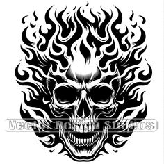 a skull with flames on it's head in black and white tattoo art design