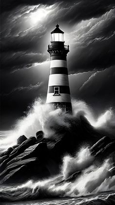 a black and white photo of a lighthouse in the ocean with waves crashing around it