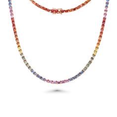 Rainbow Multi Color Sapphire Emerald Cut Tennis Necklace (25.00 ct.) 4-Prongs Setting in 14K Gold Dope Jewelry Accessories, 14k Yellow Gold Necklace, Diamond Tennis Necklace, Tennis Necklace, Dope Jewelry, Jewelry Pouch, Jewelry Lover, Cartier, Prong Setting