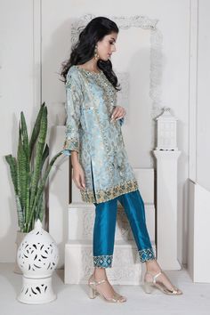 Penelope | Pakistani Designer Outfit | Sarosh Salman Eid Salwar Kameez With Dabka Work And Straight Pants, Wedding Kurta With Zari Work And Straight Pants, Eid Pant Set With Resham Embroidery And Straight Pants, Elegant Embroidered Salwar Kameez With Straight Pants, Eid Wedding Palazzo Set With Straight Pants, Wedding Palazzo Set For Eid With Straight Pants, Wedding Eid Palazzo Set With Straight Pants, Elegant Chanderi Pants With Resham Embroidery, Elegant Salwar Kameez With Straight Pants For Eid