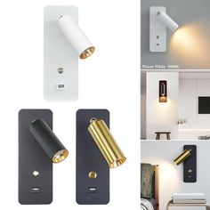 three different lighting fixtures are shown in this collage, including one wall light and the other