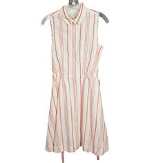 J Crew Nwt Size 4 Dress Full Button Front Sleeveless Linen Stripe Belt Tie Waist Long Shirtdress Tagged As Size 4 White With Orange 60% Linen, 40% Cotton Machine Wash New With Tag Excellent Condition. No Rips, Stains Or Other Signs Of Shop Wear Flat Measurements: Bust Measures (Around Garment At Armpits) 36 In Waist Measures (Approximately 6" Below Bust) 30 In Hips Measure (Approximately 6" Below Waist) 38 In Length Measures (From Top Of Shoulder To Back Hem) 38.5 In Hem Measures (Around Garment White Sleeveless Dress With Button Closure For Summer, White Sleeveless Dress With Button Closure For Spring, White Casual Sleeveless Dress With Buttons, White Sleeveless Casual Dress With Button Closure, Belt Tie, Dress Linen, Belt Tying, Fabric Collars, Shirtdress