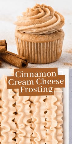 Cinnamon Cream Cheese Frosting pin with overlay text Snickerdoodle Frosting, Cookie With Frosting, Cake With Cream Cheese Frosting, Cinnamon Roll Cupcakes, Delish Cakes, Cinnamon Icing, Sugar Frosting, Sugar Cookie Bars, Cinnamon Cream Cheese Frosting