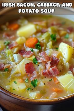 there is a bowl of soup with bacon, cabbage and potatoes