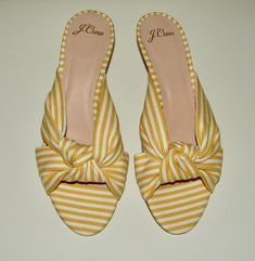 J. Crew size 8 warm sun (yellow/white) striped knotted kitten heels, style #L5220, new with box from J. Crew Not a wholesale item! Fabric uppers, leather and textile lining, synthetic soles Thanks for looking; please check out my other items, too :-) Sun Yellow, Kitten Heel Sandals, Yellow Stripes, Kitten Heel, Summer Colors, Heel Sandals, Yellow White, White Stripe, Kitten Heels