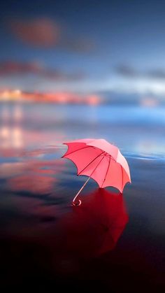 an umbrella floating in the water at night