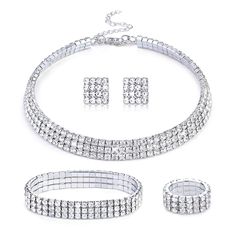 PRICES MAY VARY. ❤RHINESTONE JEWELRY SET❤ One order includes 1 piece of rhinestone crystal choker necklace, 1 piece of rhinestone stretch bangle bracelet, 1 pairs of crystal earrings and a stretch ring. With a fabulous design and solid construction. The classic and elegant always keep pace with fashion. Can be worn with classy casual with formal attire or Wedding dress, never goes out of style. ❤MATERILA❤ This bridal wedding jewelry set is made of AAA rhinestones and environmentally friendly all Prom Necklaces, Rhinestone Jewelry Set, Crystal Wedding Jewelry, Bridal Party Jewelry, Rhinestone Choker Necklace, Crystal Choker Necklace, Crystal Jewelry Sets, Stretch Ring, Indian Jewelry Sets