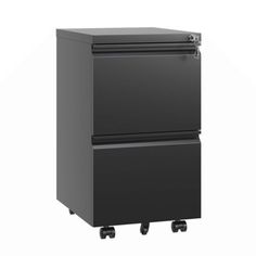 a black filing cabinet sitting on wheels