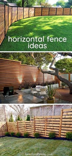 the backyard fence is made from wooden boards and has grass growing on top of it