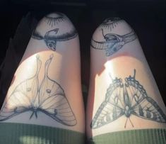 two legs with tattoos on them that have different types of butterflies and moths tattooed on them