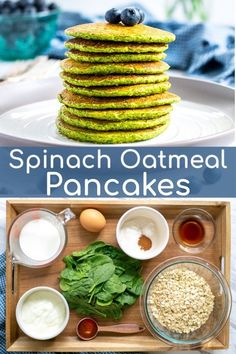 spinach oatmeal pancakes with blueberries and other ingredients