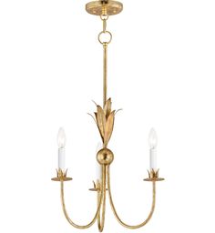 a gold chandelier with three candles hanging from it