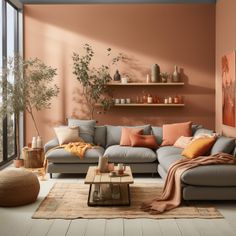 a living room filled with lots of furniture next to a large glass window covered in plants